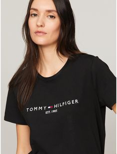 Tommy Hilfiger women's T-shirt. Made from pure cotton and embroidered with our classic Tommy logo, our tee is a soft, comfortable layer.  Material: 100% Regenerative Cotton. Tommy Hilfiger Store, Tommy Hilfiger T Shirt, Tommy Hilfiger Logo, Tommy Hilfiger Women, Signature Logo, Casual Wardrobe, Shirts & Tops, Tshirt Logo, Black Cotton