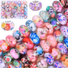 many different types of beads are shown in various colors and sizes, including pink, blue,