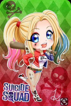 a cartoon girl with blue eyes holding a baseball bat and skull on the side of her face