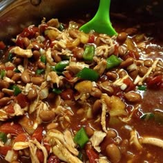 a pot filled with beans, meat and vegetables next to a green spoon in it