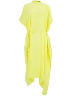 yellow silk jacquard kaftan silhouette crew neck short sleeves strap detailing asymmetric hem Yellow Midi Dress, Yellow Silk, Silk Midi Dress, Dress Yellow, Asymmetrical Hem, Asymmetric Hem, Day Dresses, Balenciaga, Evening Dresses