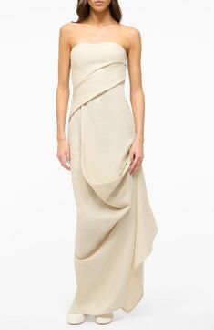 STAUD Strapless Linen Dress | Nordstrom Chic One-shoulder Linen Dress, Chic Evening Linen Maxi Dress, Fitted Linen Maxi Dress For Evening, Evening Linen Maxi Dresses, Formal Linen Maxi Dress, Chic Flax Linen Dress, Sleeveless Linen Maxi Dress For Evening, Asymmetrical Linen Midi Dress, Formal Fitted Linen Maxi Dress