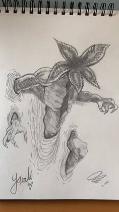 a pencil drawing of a plant with leaves on it's head and hands in the air