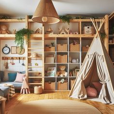 a child's playroom with toys and bookshelves in the corner, including a teepee tent