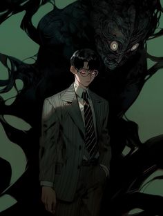 a man in a suit and tie standing next to a demon