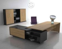 an office desk with cabinets and a bowl on it