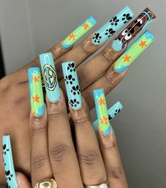 Scooby Do Nails Halloween, Character Nail Art Designs, Danny Phantom Nails, Character Nails Acrylic, 25th Birthday Nail Ideas, Velma Nails, Dora Nails, Crazy Acrylic Nails Designs