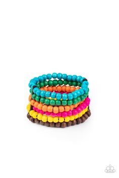 Held in place with rectangular wooden fittings, a collection of vivacious pink, blue, orange, green, yellow, and brown wooden beads are threaded along stretchy bands around the wrist, creating colorful layers.

 Sold as one individual bracelet. Multicolor Bracelet, Nickel Free Jewelry, Wooden Bracelet, Wood Bracelet, Paparazzi Accessories, Affordable Jewelry, Paparazzi Jewelry, Colorful Bracelets, Beaded Stretch Bracelet