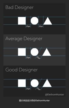 three different types of lines and shapes on a black background with the words,'good designer