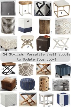 several different types of stools and tables with the words, 24 stylish, verstati small stools to update your look