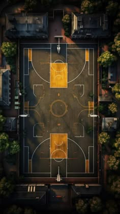 an aerial view of a basketball court with trees surrounding it