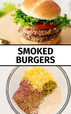 two pictures with different types of burgers on them