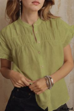 Olivia Mark - Soft Cotton Blouse with V-Neck and Short Sleeves Stand Collar Shirt, Pleated Shirt, Cotton Blouse, Yoga Tops, Cotton Blouses, Casual Fits, Clothing Women, Collar Shirts, Cotton Shorts