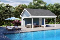 a small pool house next to a swimming pool with chaise lounges and an umbrella