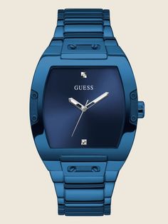 Blue and Diamond Analog Watch | GUESS Luxury Square Watch With Diamond Hour Markers, Blue Business Watch With Date Display, Modern Blue Watch Accessories With Metal Dial, Modern Square Face Watch For Formal Occasions, Blue Rectangular Timeless Watch, Timeless Blue Rectangular Watch, Modern Blue Watch With Subdials, Modern Blue Watch Accessories With Date Display, Modern Square Analog Watch