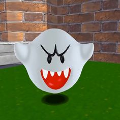 an animated ghost with its mouth open and eyes wide open, standing in front of a brick wall