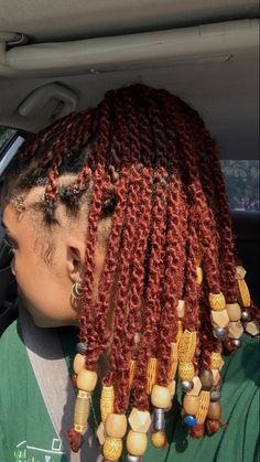 Senegalese Twists With Beads, Ginger Twist With Beads, Twists With Beads Hairstyles, Red Locs With Beads, Burgundy Marley Twists, Burgundy Mini Twists, Island Twist With Beads, Red Mini Twists, Red Twists Black Women