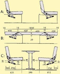 three chairs and a table are shown in this diagram, with measurements for each chair