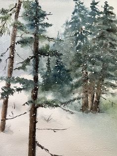 watercolor painting of trees in the snow