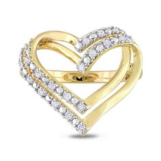 Express how much love means to you with the beautiful woven design of this diamond double heart ring in yellow rhodium-plated silver. Crafted in sterling silver with yellow rhodium plate A pair of heart outlines shine in a layered and interwoven design. Diamonds and beaded details sparkle along half the look in a playful arrangement. This ring shines with 1/5 ct. t.w. of diamonds. Fine Jewelry Double Heart Diamond Ring With Accents, Fine Jewelry Anniversary Diamond Ring With Open Heart, Anniversary Diamond Ring Open Heart Style, Anniversary Open Heart Diamond Ring, Double Heart Ring, Love Means, Open Heart Ring, Heart Outline, Yellow Rings