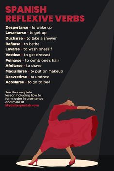 spanish reflexive verbs poster with woman in red dress