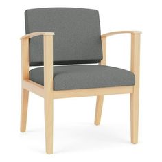 a gray and wood chair with armrests on an isolated white background for use in office furniture