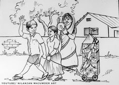 a black and white drawing of three people walking in front of a fire hydrant