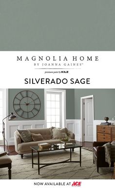 a living room with gray walls and furniture in the background, text reads magnolia home by joanna gales silverad sage