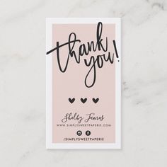 a thank card with the words, thank you in black ink on a pink background