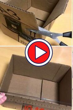 there are three pictures showing how to make a cardboard box with scissors and rulers