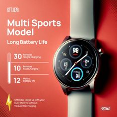 an advertisement for a smart watch on a red and white background with the text, multi sports model long battery life