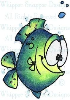 a drawing of a green fish with bubbles