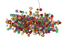 a multi - colored chandelier hanging from a ceiling with glass balls on it