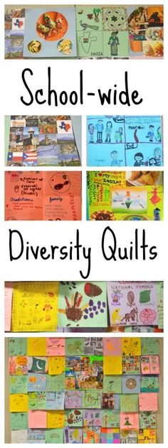 several different pictures with the words school - wide, diversely quilts on them