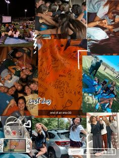 collage of photos with people and cars in the background, including one woman's hand written on her shirt