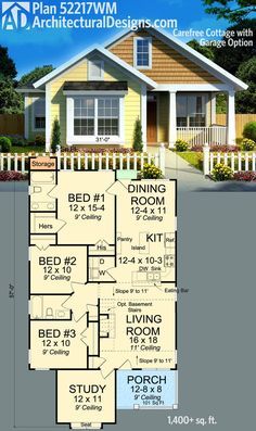 the floor plan for a small house with two bedroom and living areas on each side