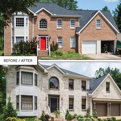 before and after photos of a brick house with red front door, white windows, and black shutters