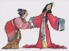 two people dressed in traditional japanese clothing, one is handing something to the other person