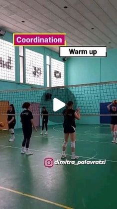 several people are playing volleyball in an indoor court with the words coordination warm up on it