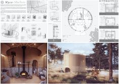 architectural drawings and plans for a house in the woods, including an outdoor fire place