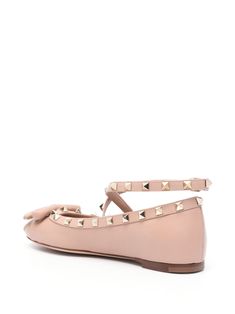 powder pink calf leather smooth grain gold-tone Rockstud embellishment almond toe bow detailing cut-out detailing branded leather insole leather sole buckle-fastening ankle strapHeel 0,4 in / 1 cm Leather Cap, Leather Bows, Leather Ballet Flats, Beach Tote Bags, Powder Pink, Ankle Strap Heels, Sneaker Heels, 4 In 1, Strap Heels