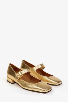 Leather upper, insole, sole Buckle styling Imported | Low Mary Jane Flats by Penelope Chilvers in Gold, Women's, Size: 42, Leather at Anthropologie Luxury Gold Flats For Spring, Luxury Gold Flats For Evening, Elegant Gold Ankle Strap Flats, Gold Ankle Strap Flats, Gold Leather-sole Flats For Work, Gold Flats With Leather Sole For Work, Gold Flats For Work, Gold Flats With Removable Insole And Low Heel, Gold Leather Flats With Low Heel