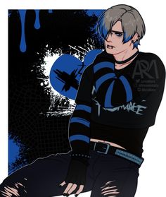 an anime character sitting on the ground with his hands in his pockets and wearing a black shirt