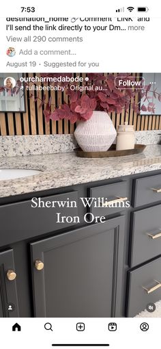 an image of a kitchen counter top with the words sherylin williams iron one on it