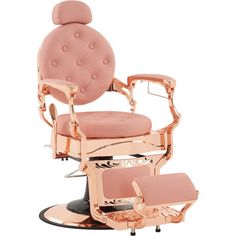 a pink chair with an ottoman and foot rest in front of the chair is shown