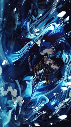 an abstract blue and black background with snowflakes, stars and swirls in the foreground