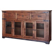 a large wooden cabinet with glass doors