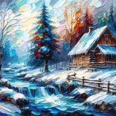 a painting of a cabin in the snow with a stream running through it and trees on either side