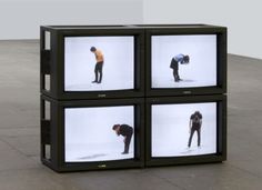 four televisions with multiple images of people doing different things in the same box on them