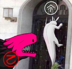 an image of a dragon and a monster in front of a building with the door open